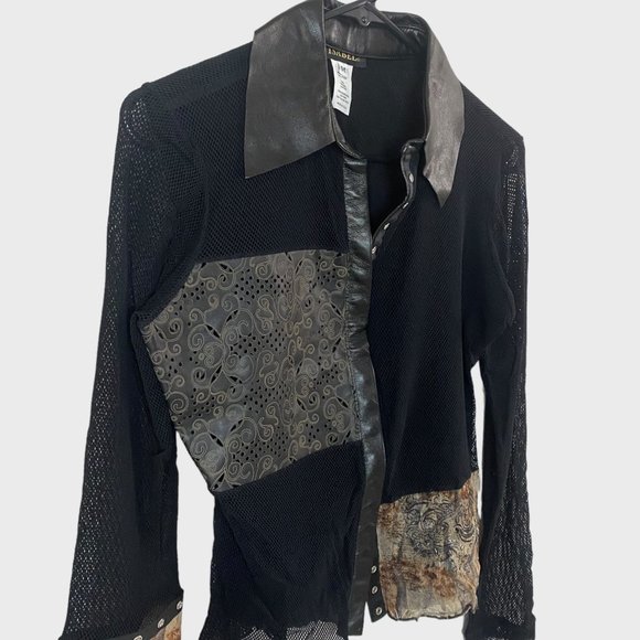 Isabel Leather & Mesh Button-Up Blouse Womens Medium Black Abstract Panel Top - Picture 4 of 14